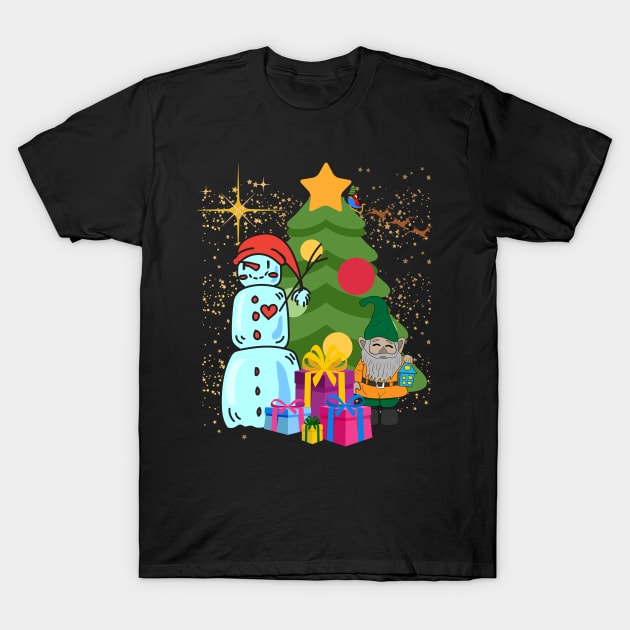 Snowman and Gnone near Christmasstree Waiting for Suprise Opening. T-Shirt by MagicTrick